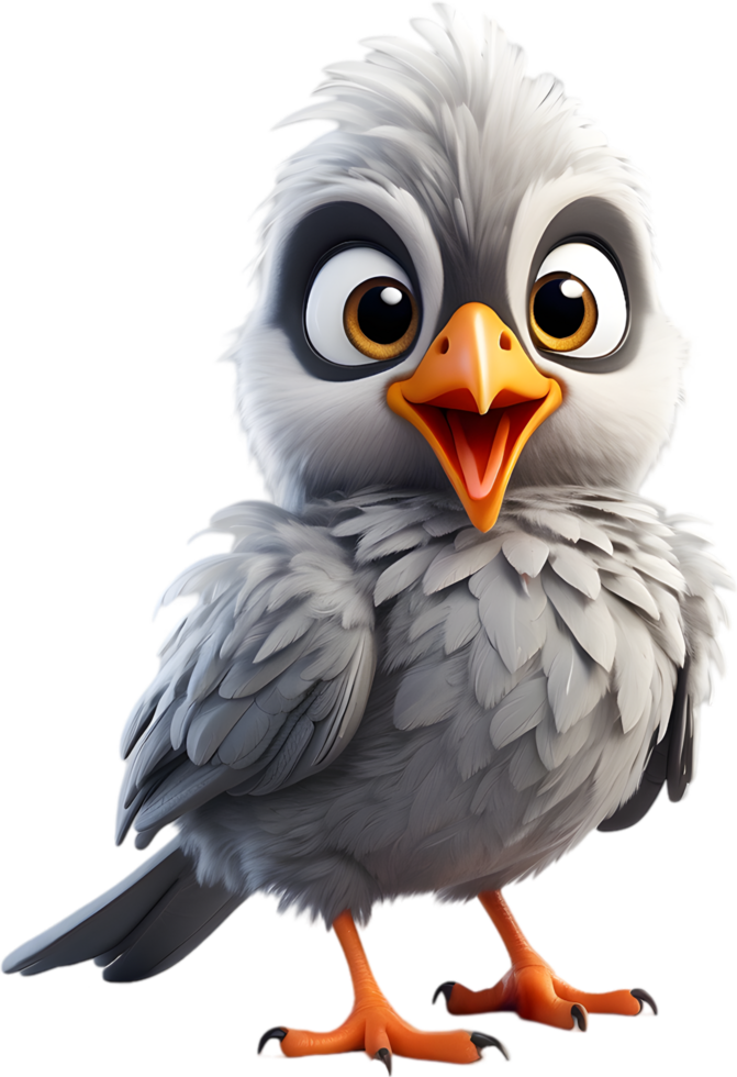 A cute cartoon-style bird with fuzzy gray feathers. AI-generated. png