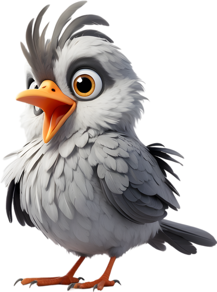 A cute cartoon-style bird with fuzzy gray feathers. AI-generated. png