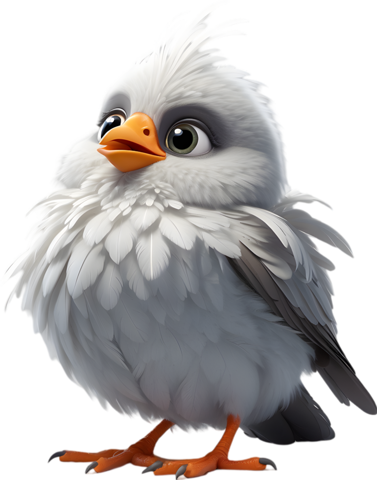 A cute cartoon-style bird with fuzzy gray feathers. AI-generated. png