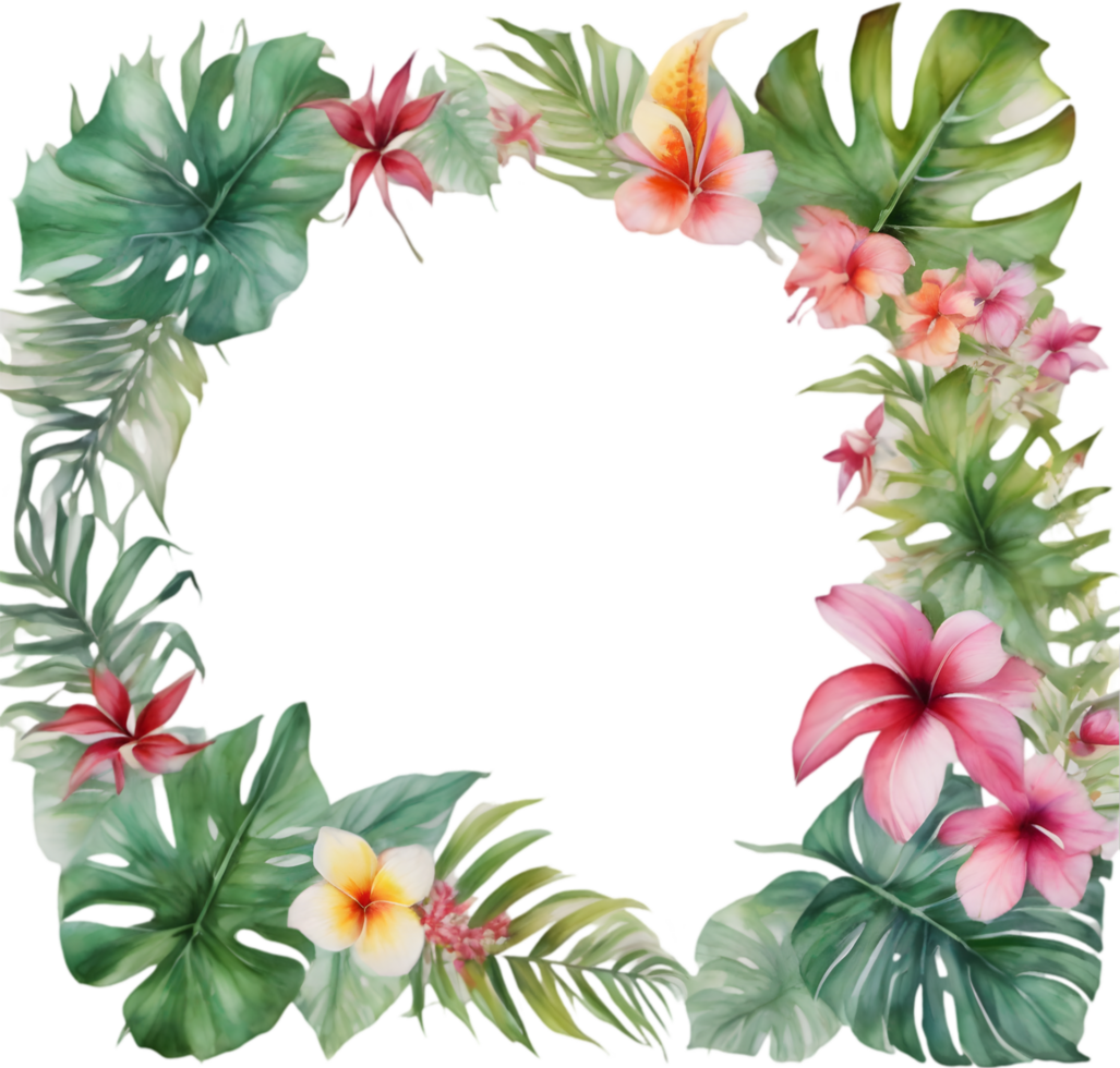 Tropical leaves and vibrant flowers, floral frame. AI-Generated. png