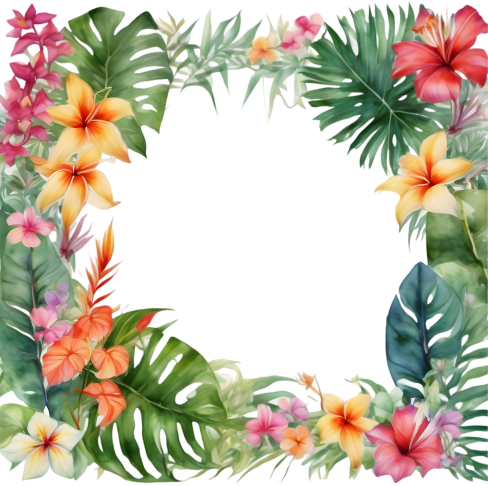 Tropical leaves and vibrant flowers, floral frame. AI-Generated. png