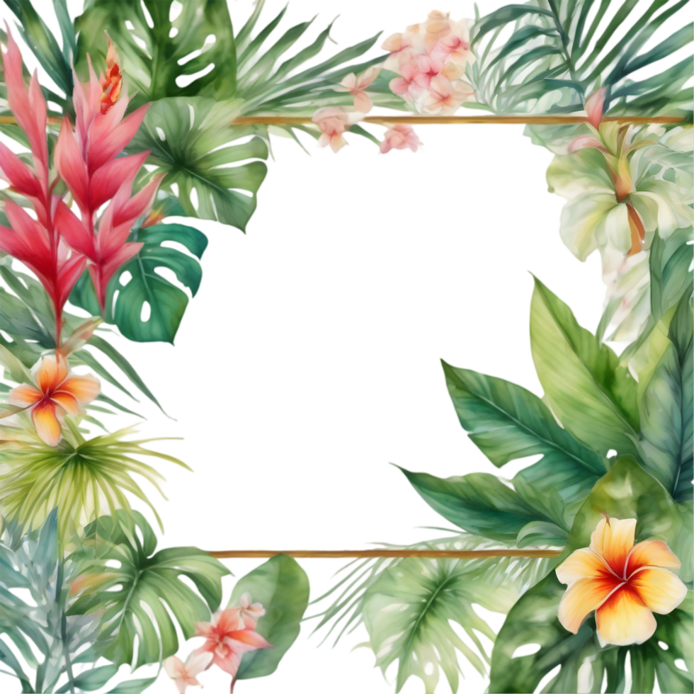 Tropical leaves and vibrant flowers, floral frame. AI-Generated. png