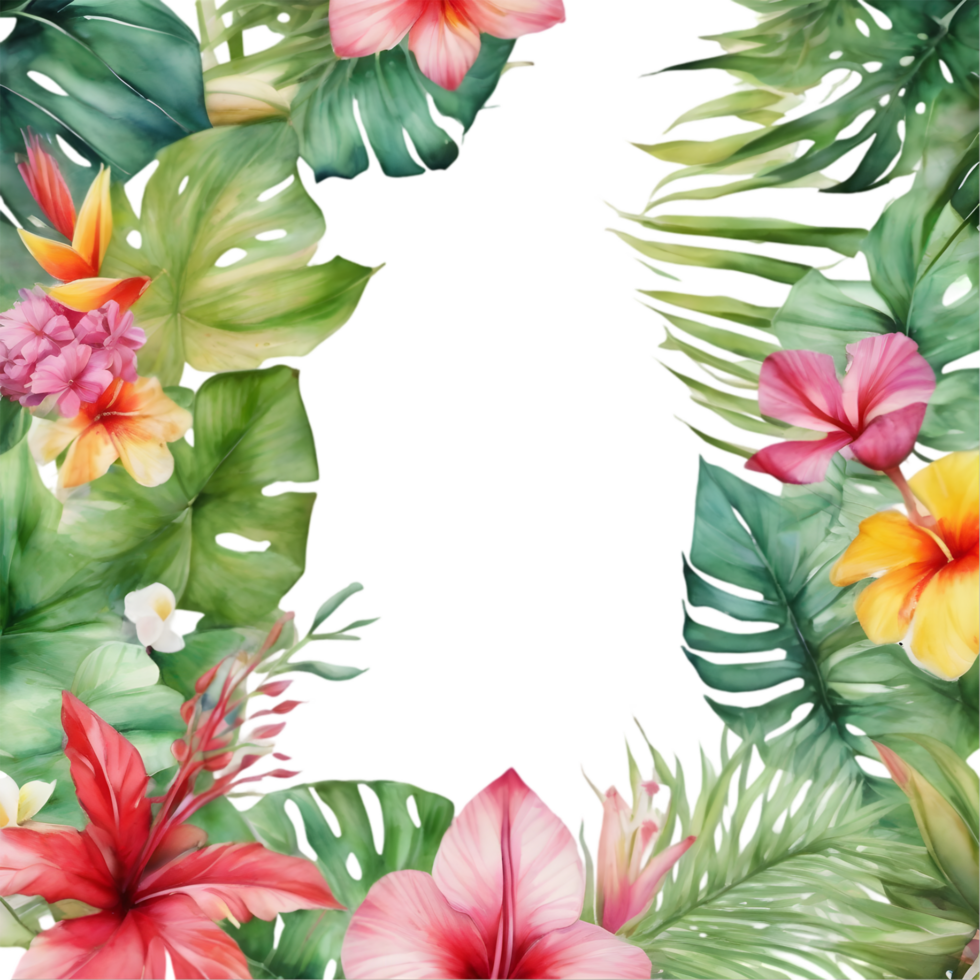 Tropical leaves and vibrant flowers, floral frame. AI-Generated. png