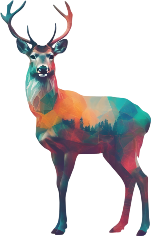 Double exposure minimalist design of colorful deer. AI-Generated. png