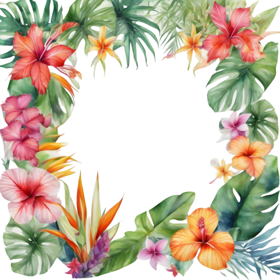 Tropical leaves and vibrant flowers, floral frame. AI-Generated. png