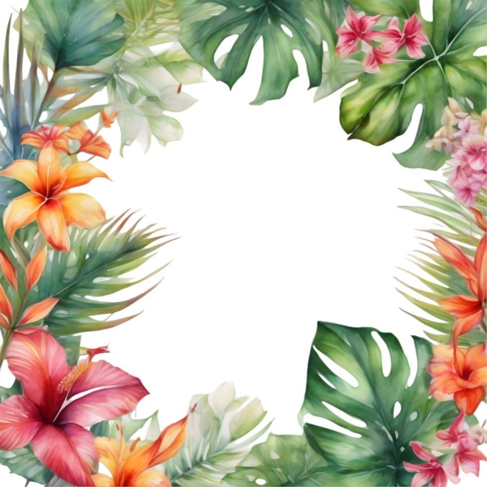 Tropical leaves and vibrant flowers, floral frame. AI-Generated. png