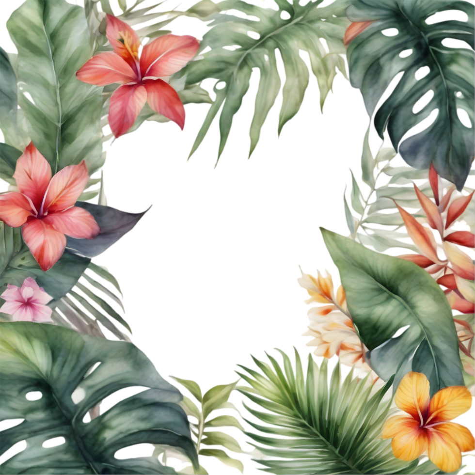 Tropical leaves and vibrant flowers, floral frame. AI-Generated. png