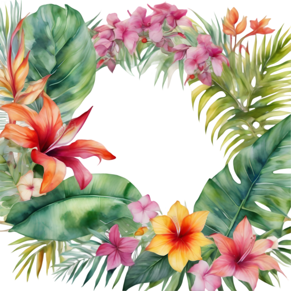 Tropical leaves and vibrant flowers, floral frame. AI-Generated. png