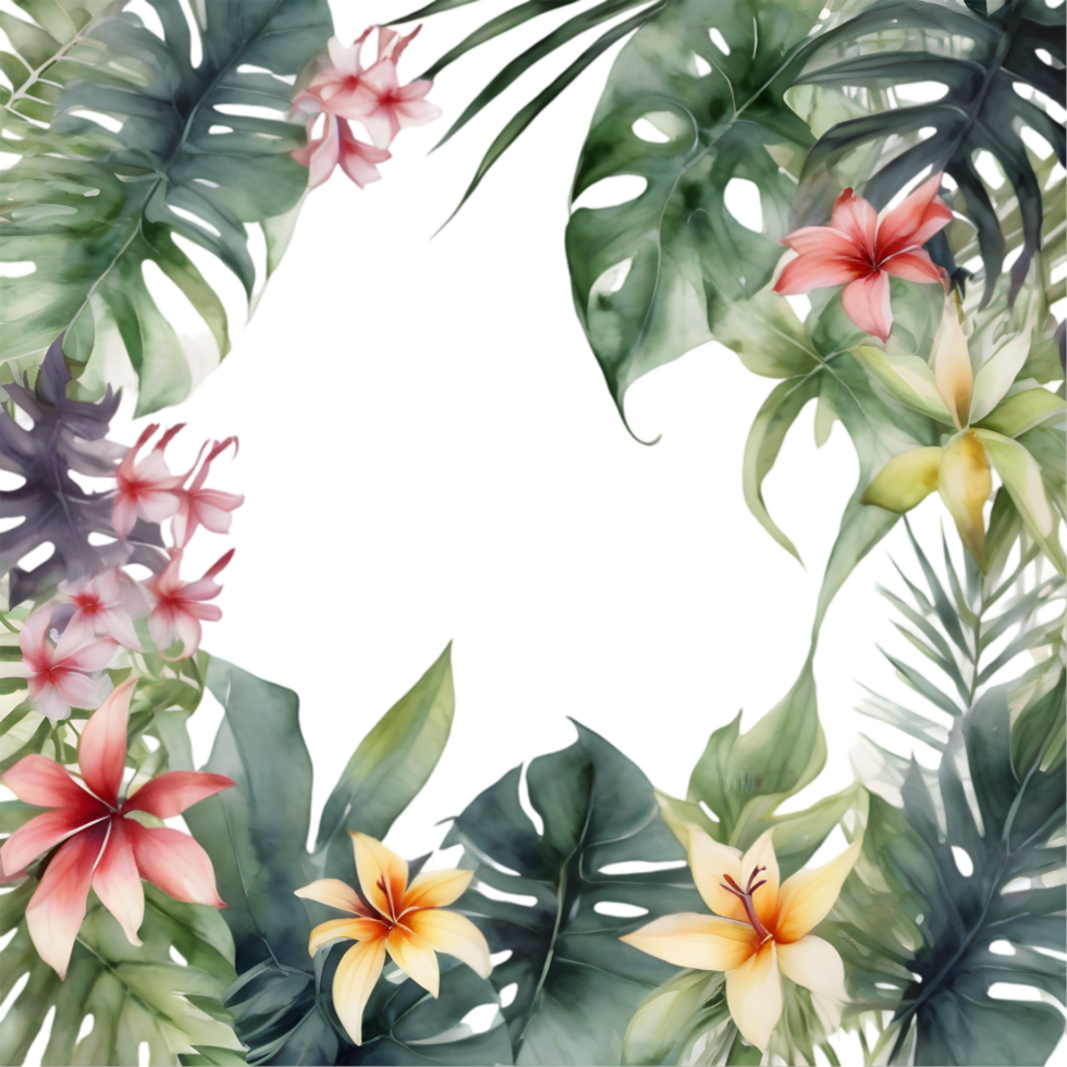Tropical leaves and vibrant flowers, floral frame. AI-Generated. png