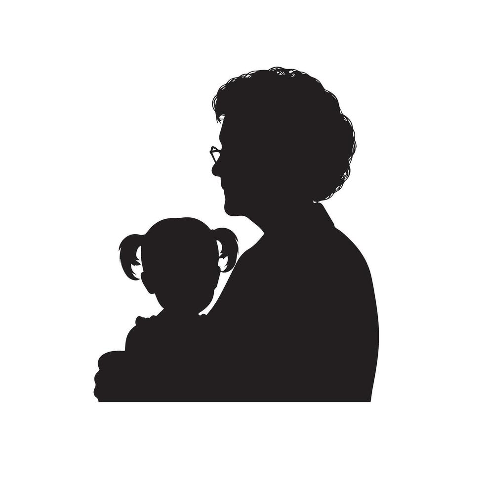 Grandparent silhouette illustration with grandchild on white background. Old couple logo vector