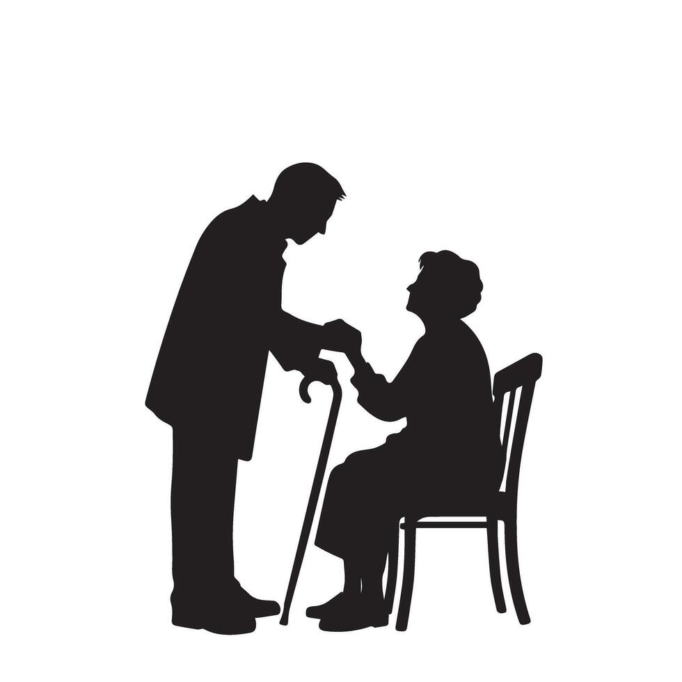 Grandparent silhouette illustration with grandchild on white background. Old couple logo vector