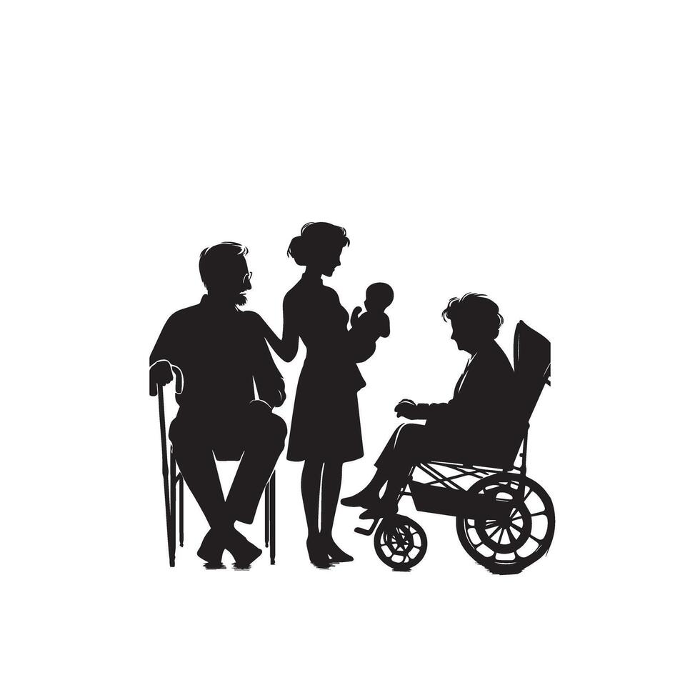 Grandparent silhouette illustration with grandchild on white background. Old couple logo vector