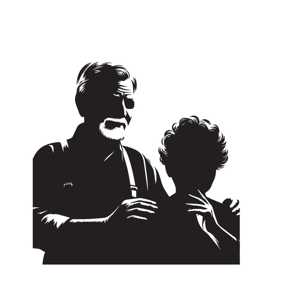 Grandparent silhouette illustration with grandchild on white background. Old couple logo vector