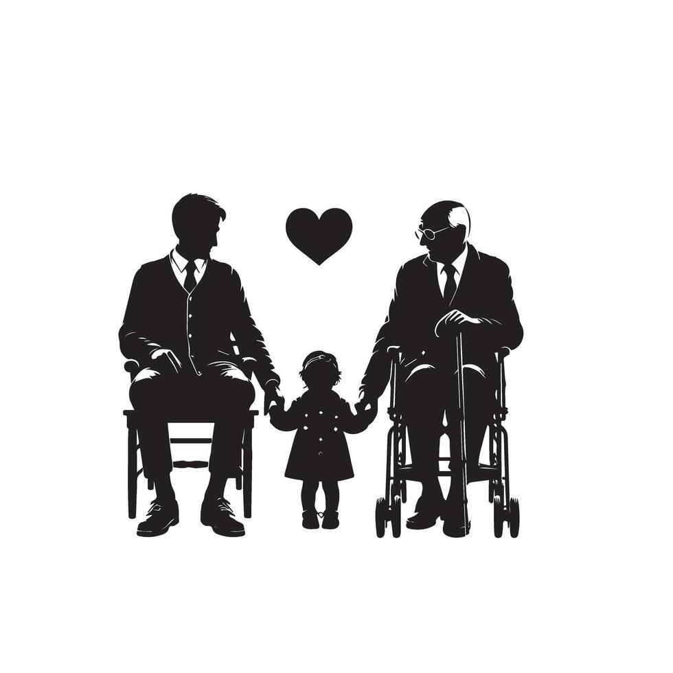 Grandparent silhouette illustration with grandchild on white background. Old couple logo vector