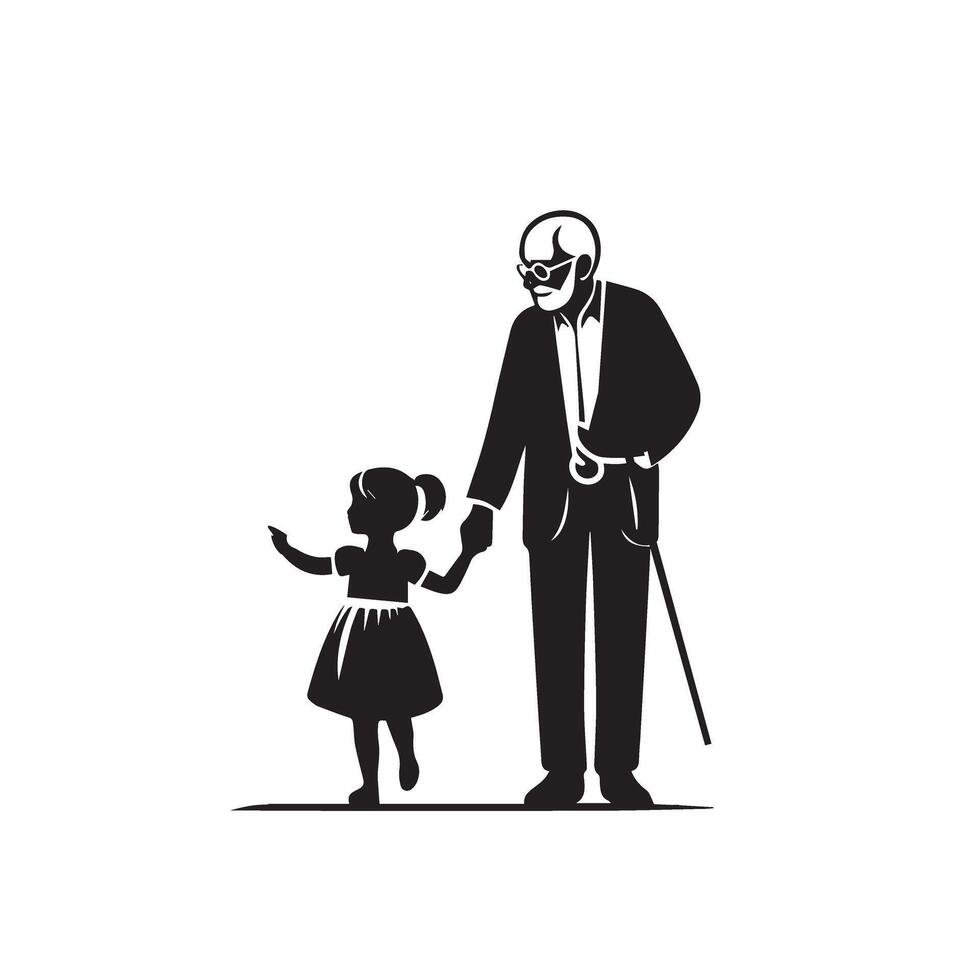 Grandparent silhouette illustration with grandchild on white background. Old couple logo vector