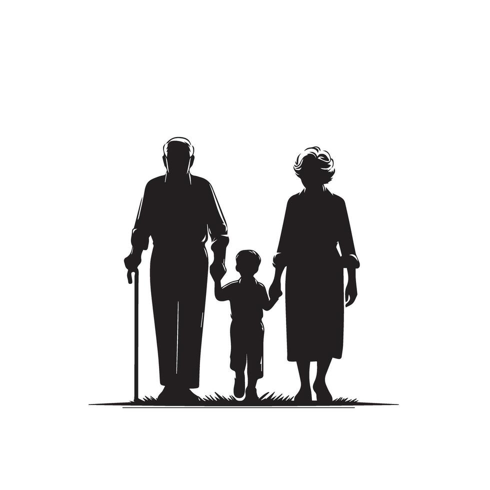 Grandparent silhouette illustration with grandchild on white background. Old couple logo vector
