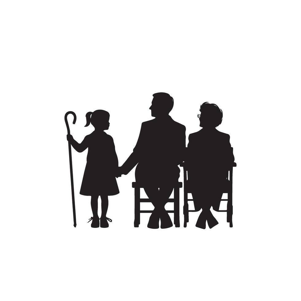 Grandparent silhouette illustration with grandchild on white background. Old couple logo vector