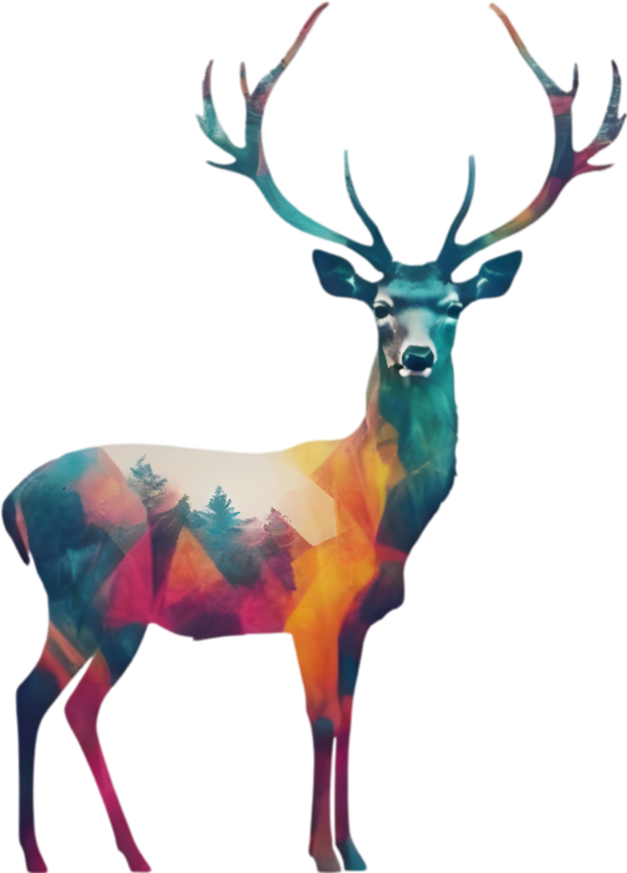 Double exposure minimalist design of colorful deer. AI-Generated. png