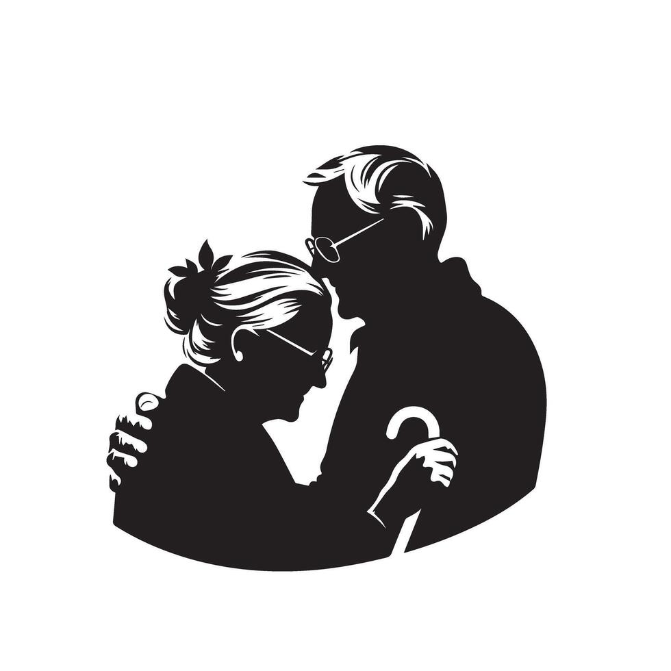 Grandparent silhouette illustration with grandchild on white background. Old couple logo vector