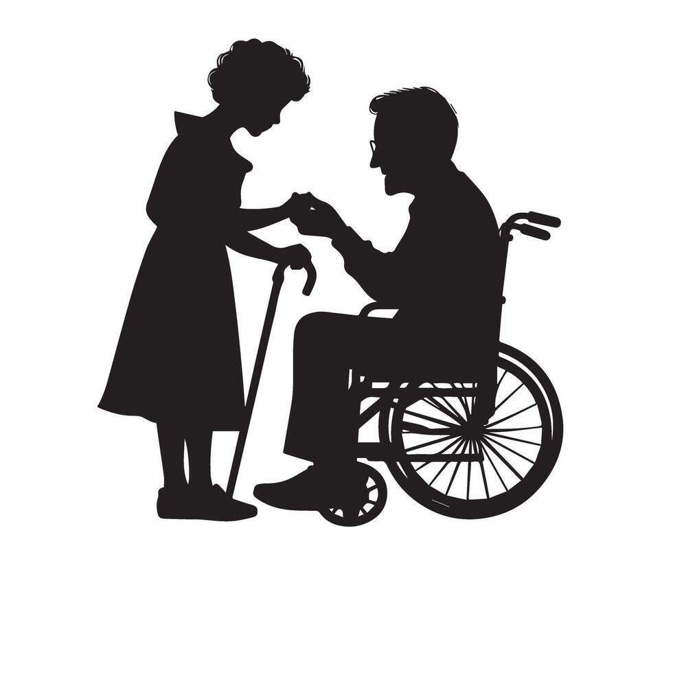 Grandparent silhouette illustration with grandchild on white background. Old couple logo vector