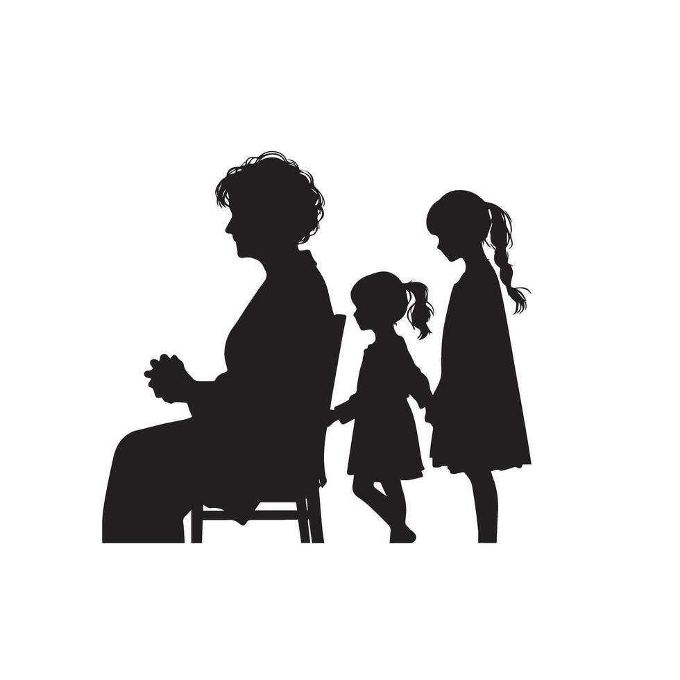 Grandparent silhouette illustration with grandchild on white background. Old couple logo vector