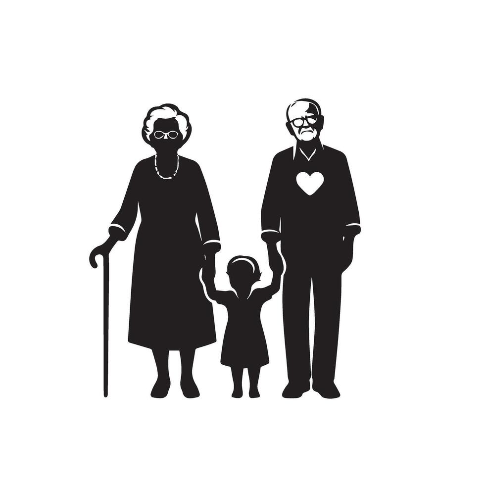 Grandparent silhouette illustration with grandchild on white background. Old couple logo vector
