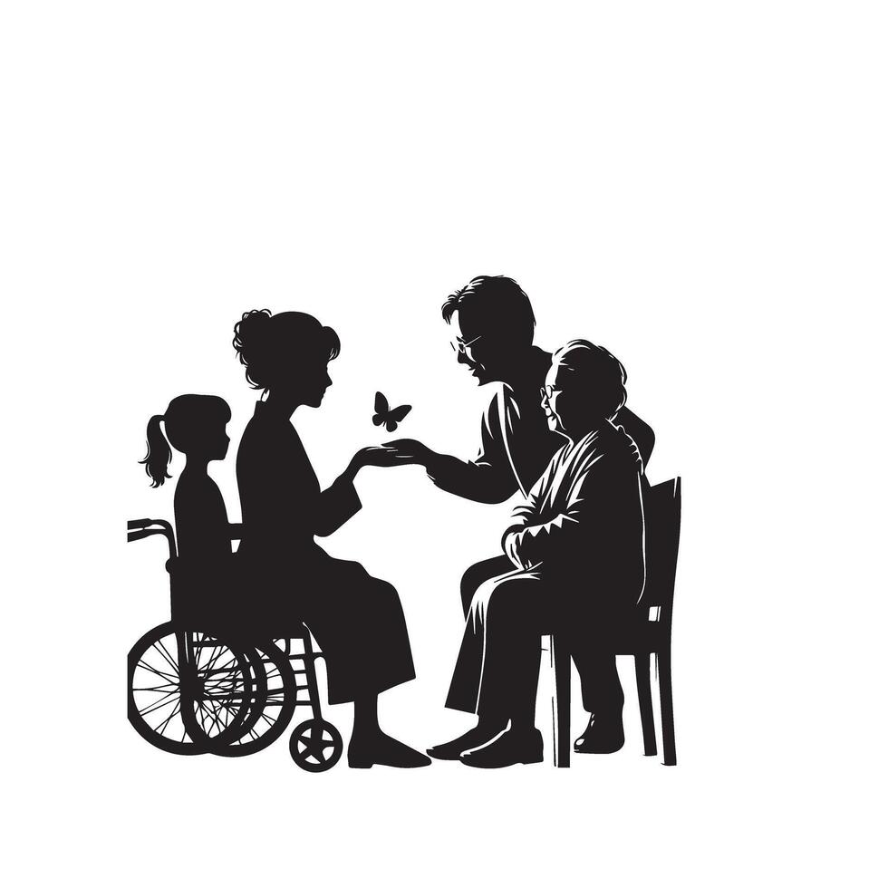 Grandparent silhouette illustration with grandchild on white background. Old couple logo vector