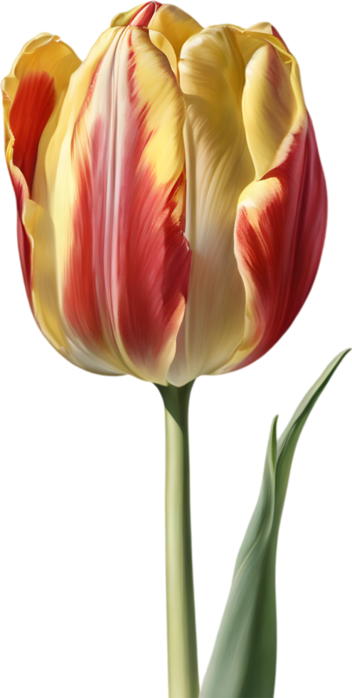 Watercolor hyper-realistic tulip with a glossy red exterior and a soft yellow interior. Ai-generated. png