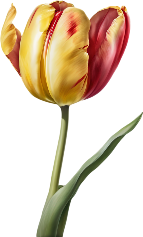 Watercolor hyper-realistic tulip with a glossy red exterior and a soft yellow interior. Ai-generated. png