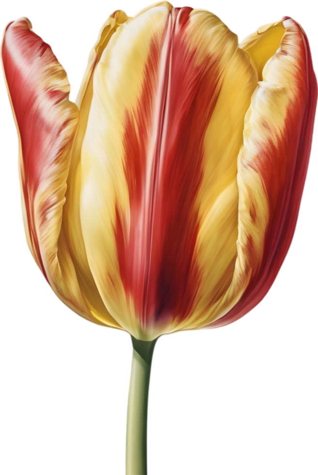 Watercolor hyper-realistic tulip with a glossy red exterior and a soft yellow interior. Ai-generated. png