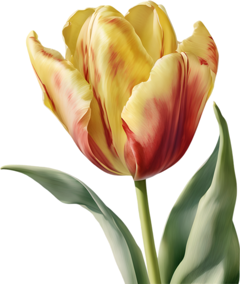 Watercolor hyper-realistic tulip with a glossy red exterior and a soft yellow interior. Ai-generated. png
