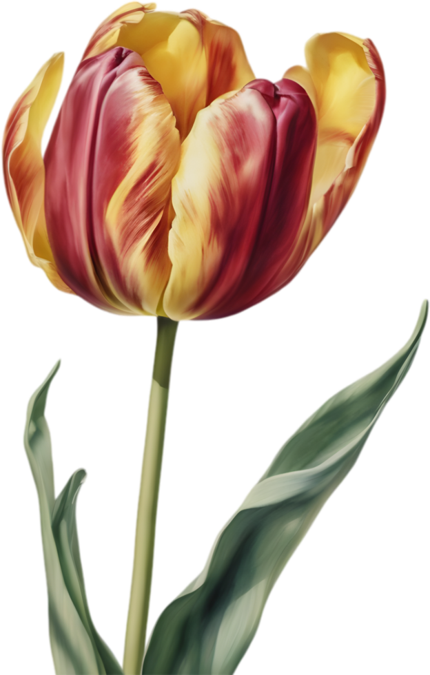 Watercolor hyper-realistic tulip with a glossy red exterior and a soft yellow interior. Ai-generated. png