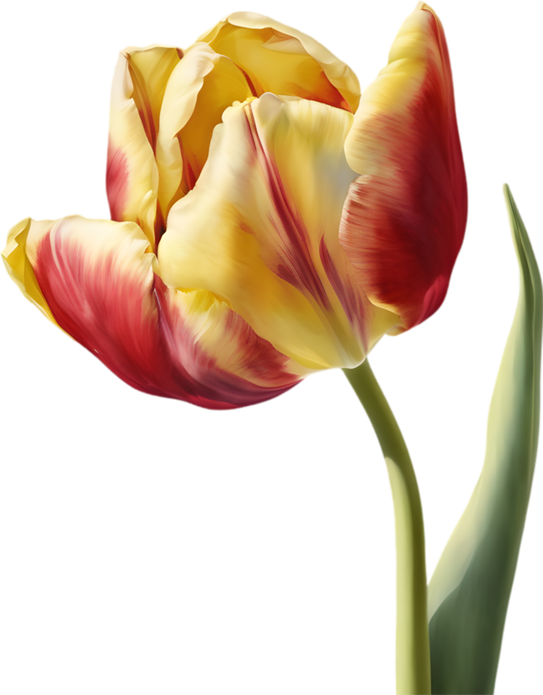 Watercolor hyper-realistic tulip with a glossy red exterior and a soft yellow interior. Ai-generated. png