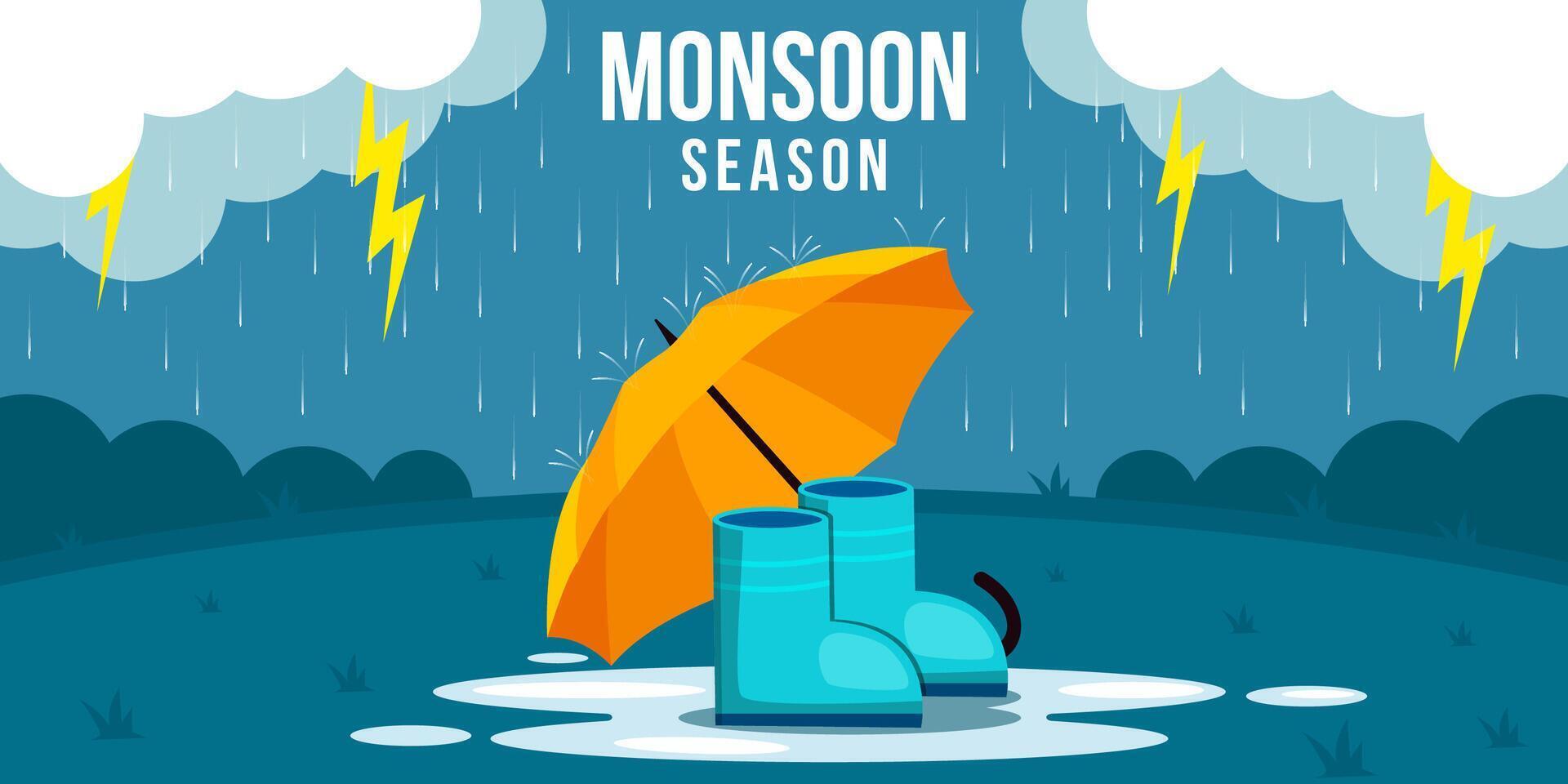 monsoon season landscape with umbrella and boots illustration vector