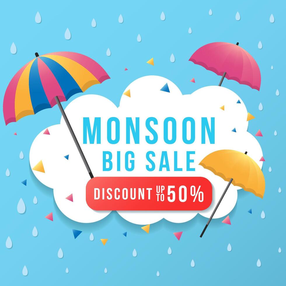 monsoon big sale banner promotion illustration with umbrella and clouds vector