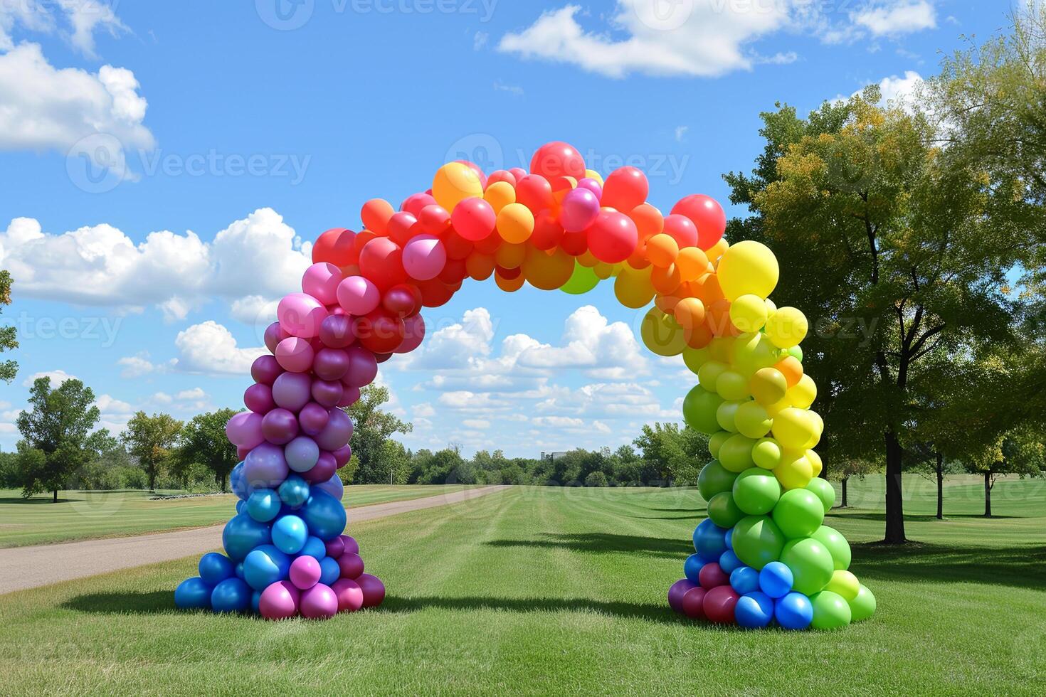 Arch of multicolored rainbow balloons on natural landscape with grass and trees. photo