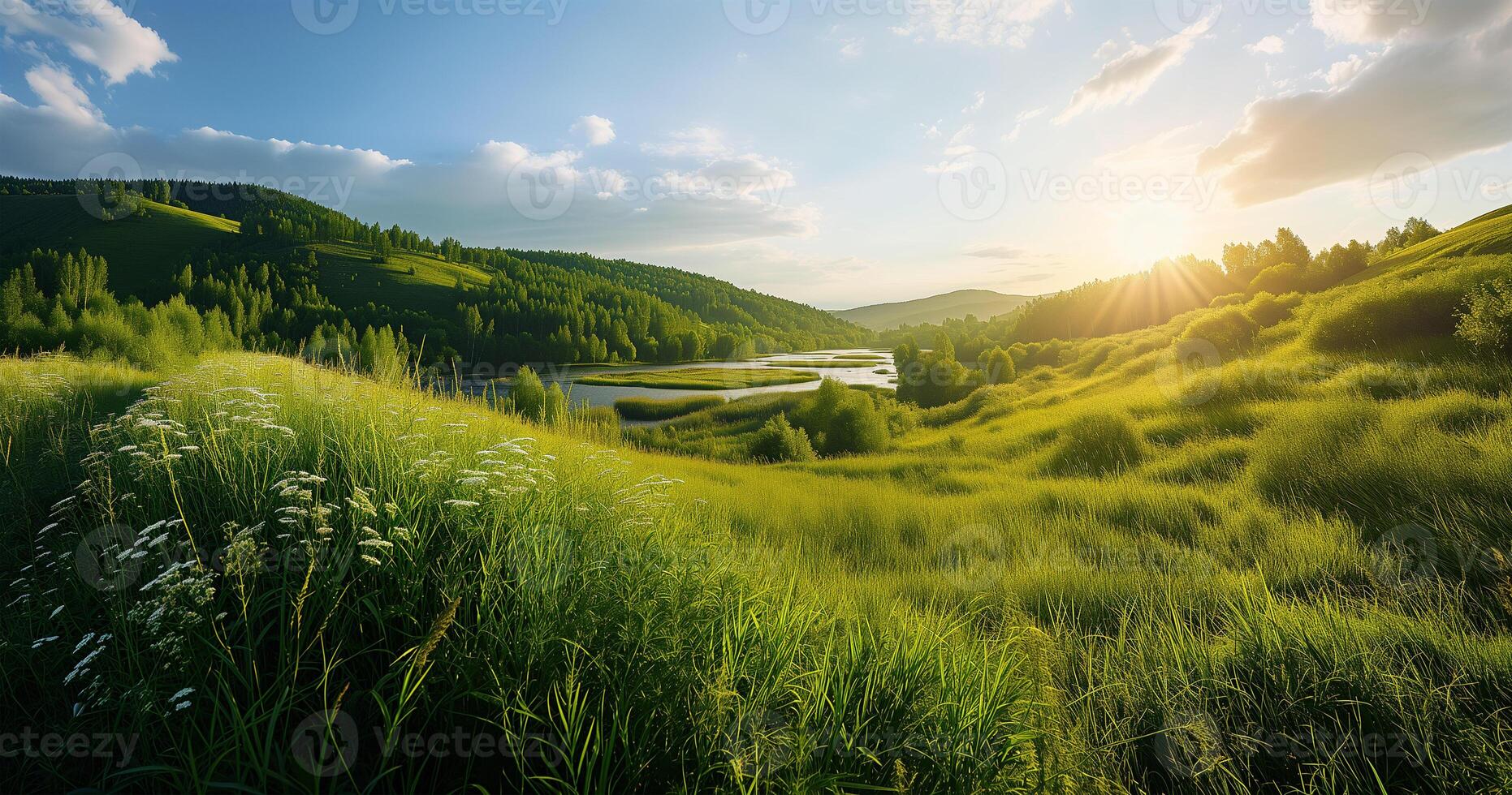 Idyllic summer landscape with meadow, panorama of countryside. Landscape with grassy field. Rural scenery photo