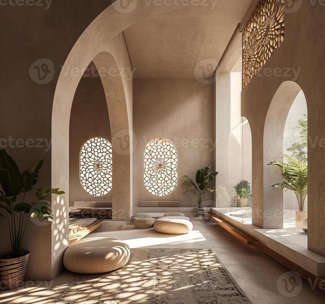 Mashrabiya interior. Room with delicate Arab shades, ottomans and potted plants. photo