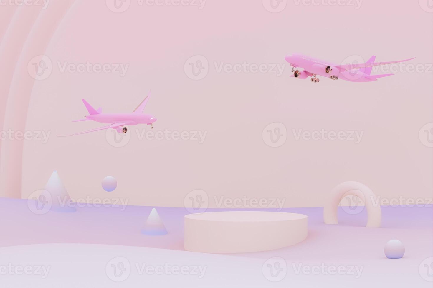 rosado avión volador en el cielo con geométrico resumen . avión tomar apagado y pastel antecedentes. aerolínea concepto viaje avión pasajeros anuncio idea. foto