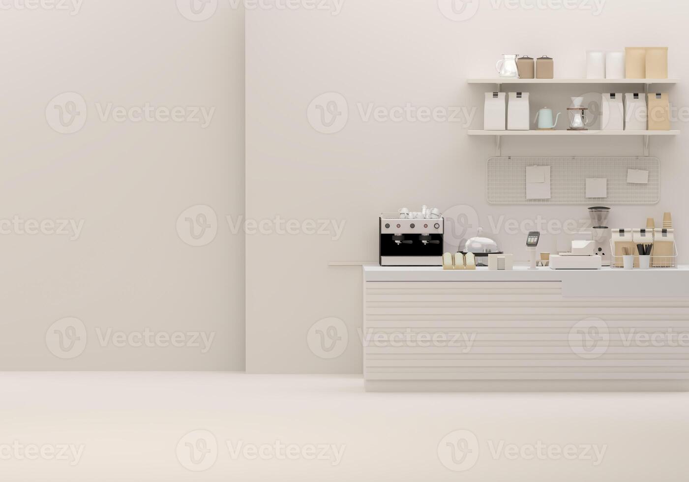 Small modern Korean style design cafe, glossy ivory white round corner counter, cake display, professional espresso machine, bar table, stool by window for interior design decoration background 3D photo