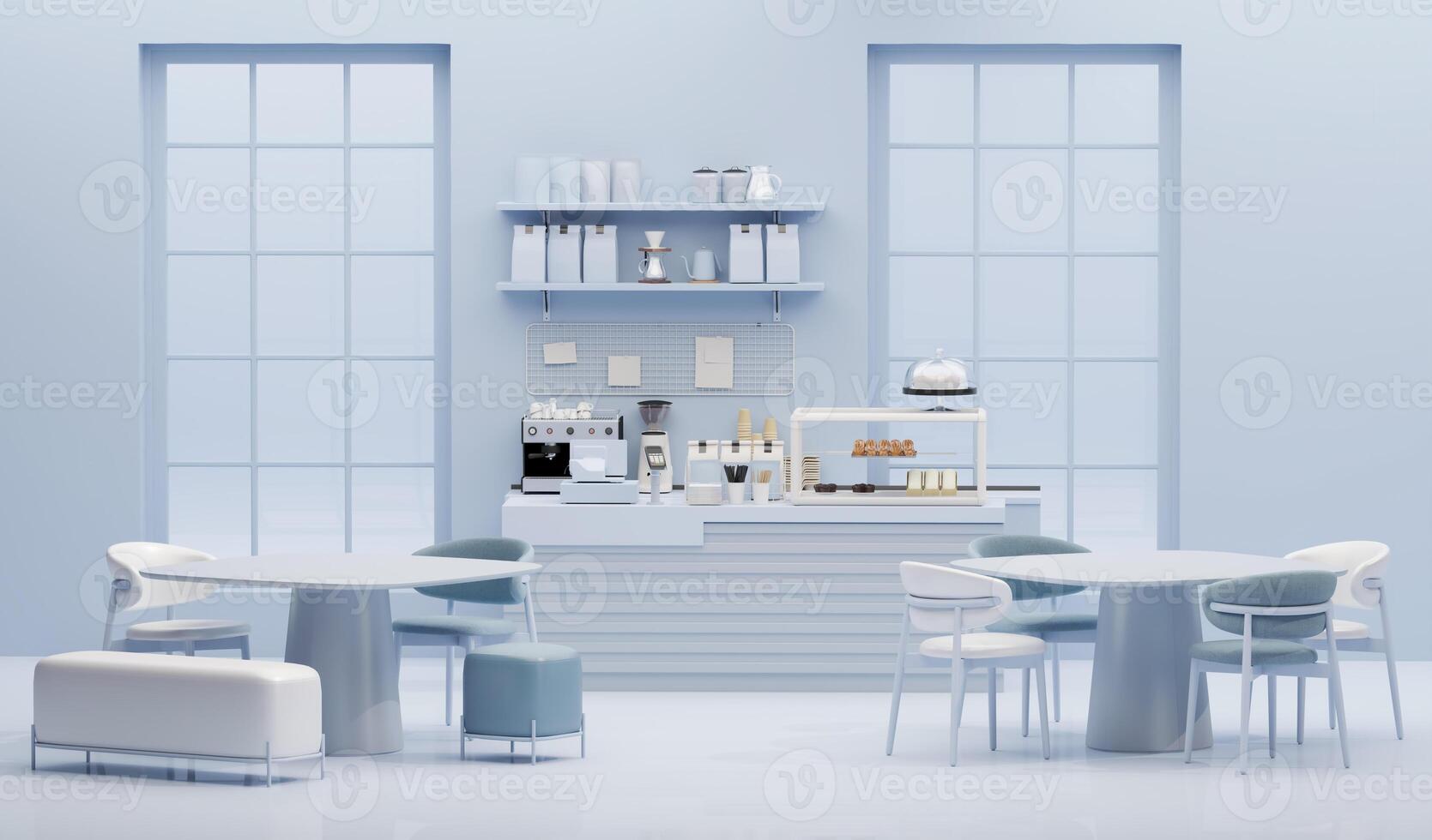 3D render modern white and blue style cafe counter with big window, with espresso coffee making machine, stack of eco friendly paper cup. Morning sunlight, Bistro, Business, Space, Blank photo