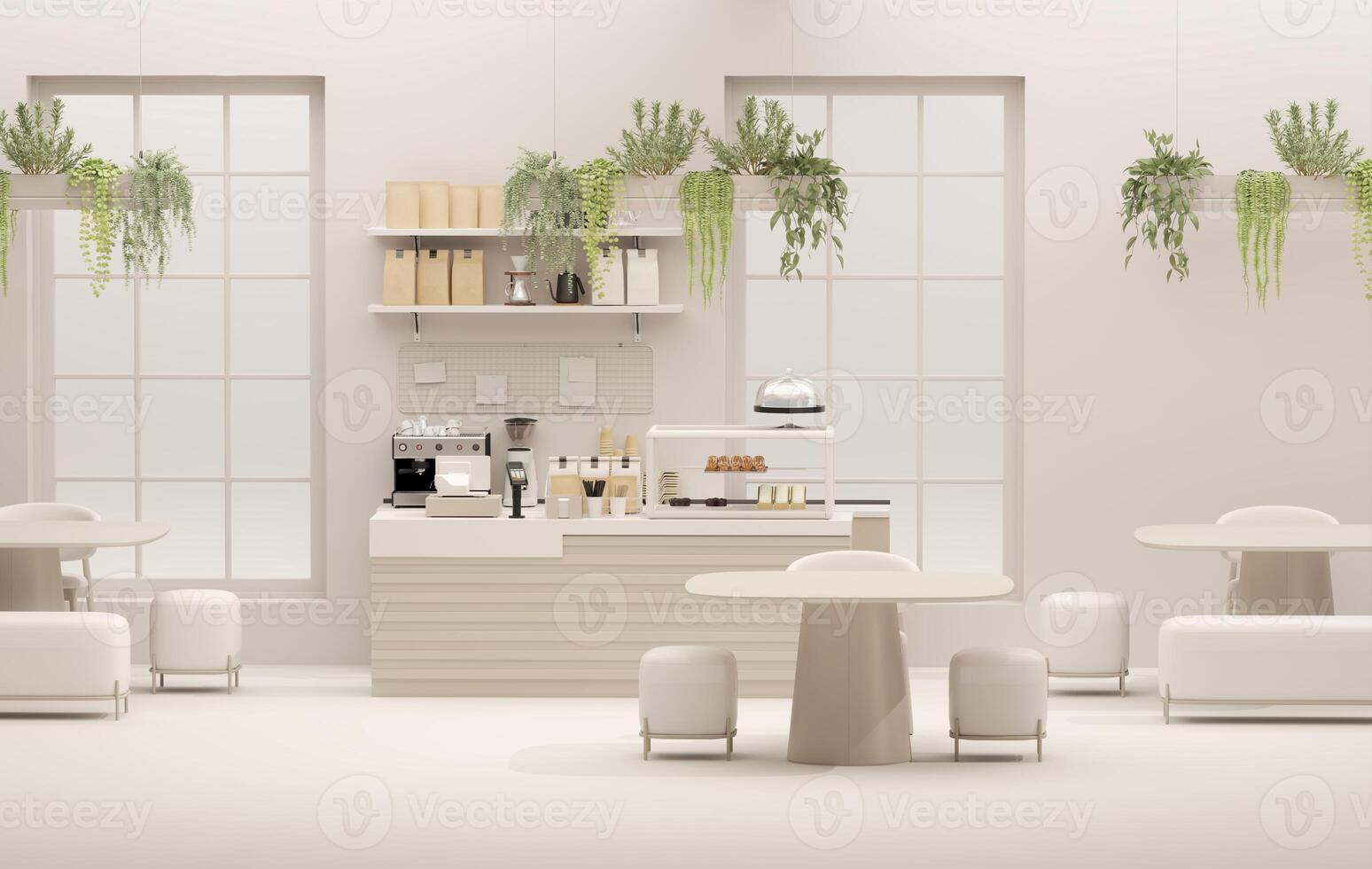Small modern Korean style design cafe, glossy ivory white round corner counter, cake display, professional espresso machine, bar table, stool by window for interior design decoration background 3D photo