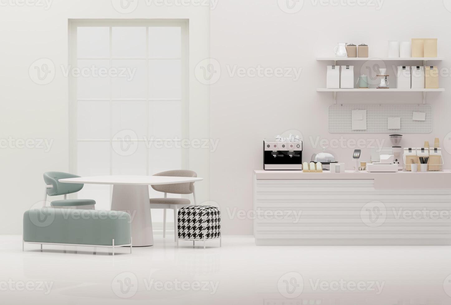 Small modern Korean style design cafe, glossy ivory white round corner counter, cake display, professional espresso machine, bar table, stool by window for interior design decoration background 3D photo