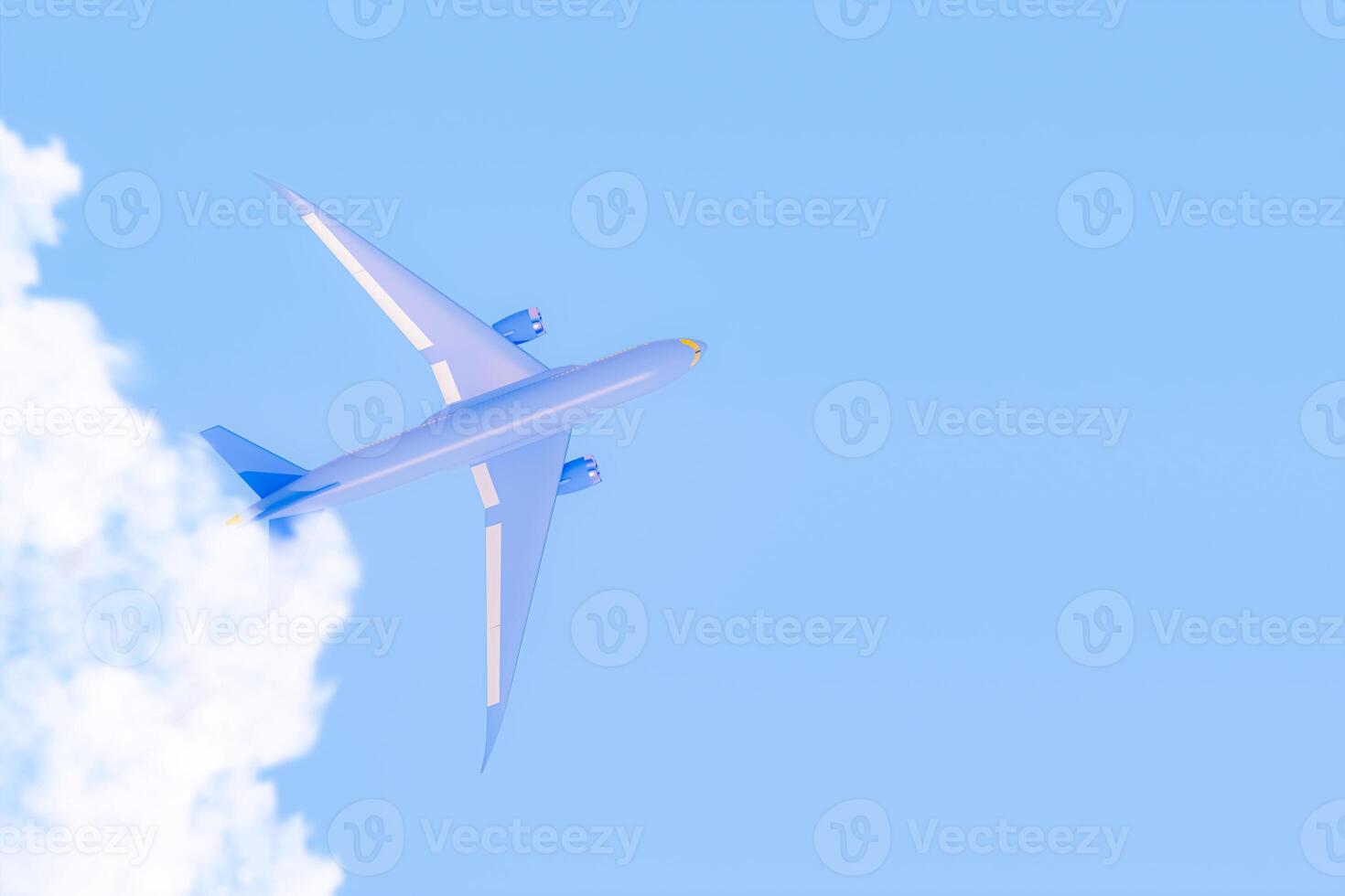Blue plane flying in the sky with geometric abstract . Plane take off and pastel background. Airline concept travel plane passengers. Advertisement idea. 3D Creative composition. photo