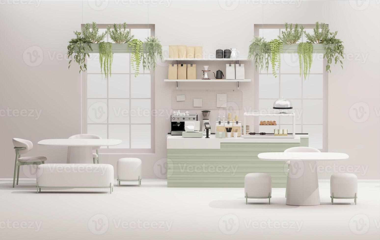 Small modern Korean style design cafe, glossy ivory white round corner counter, cake display, professional espresso machine, bar table, stool by window for interior design decoration background 3D photo