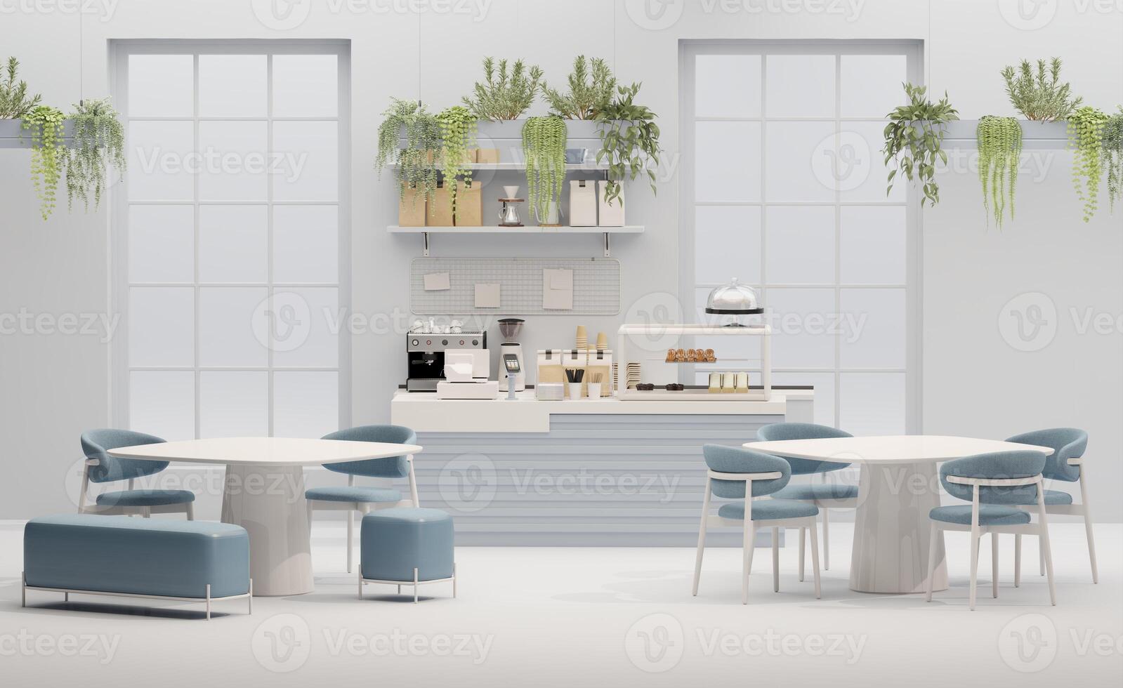 3D render modern white and blue style cafe counter with big window, with espresso coffee making machine, stack of eco friendly paper cup. Morning sunlight, Bistro, Business, Space, Blank photo