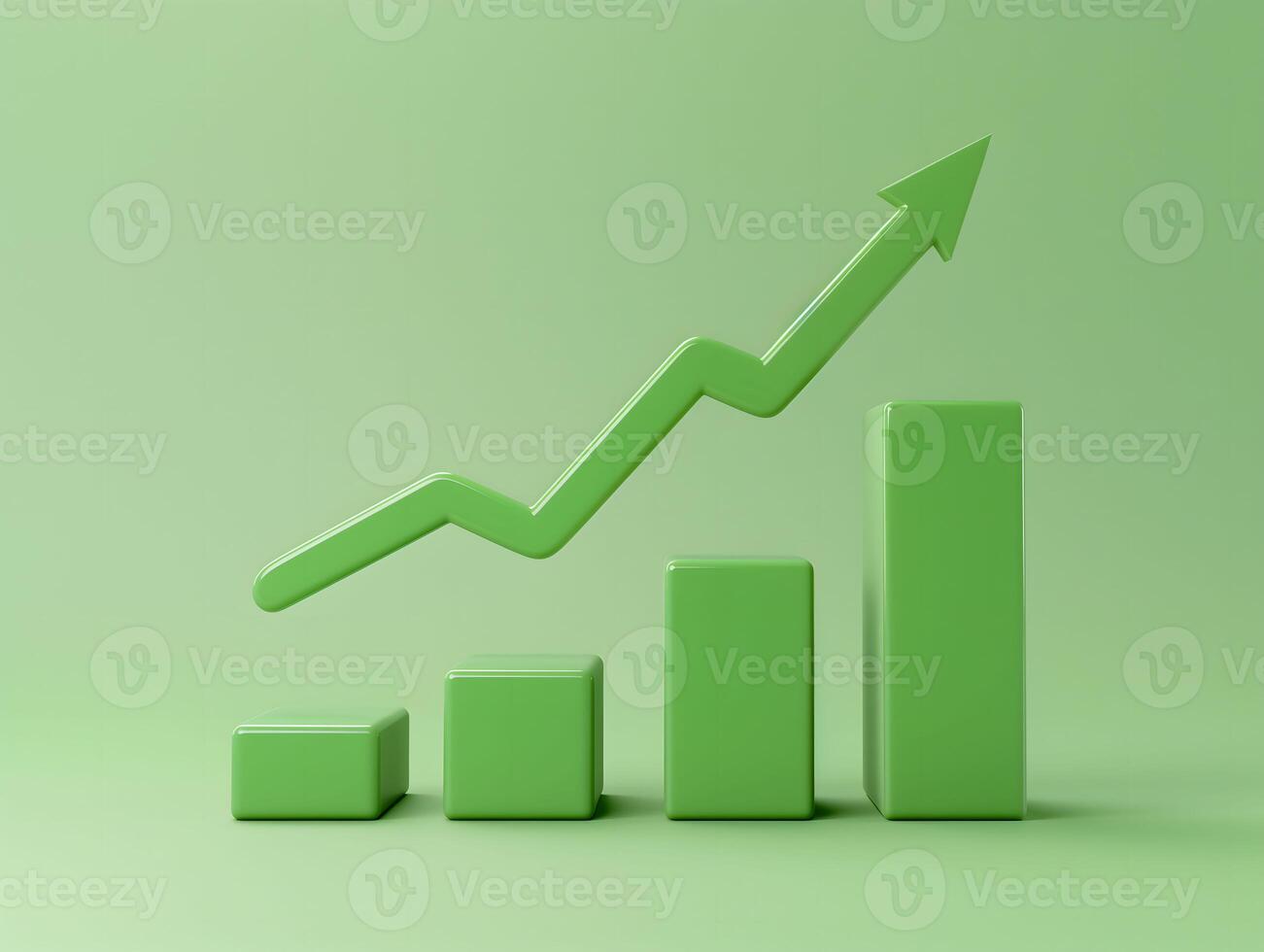 3D green bar graph with arrow up on green background, data analysis icon, Exchange trading photo