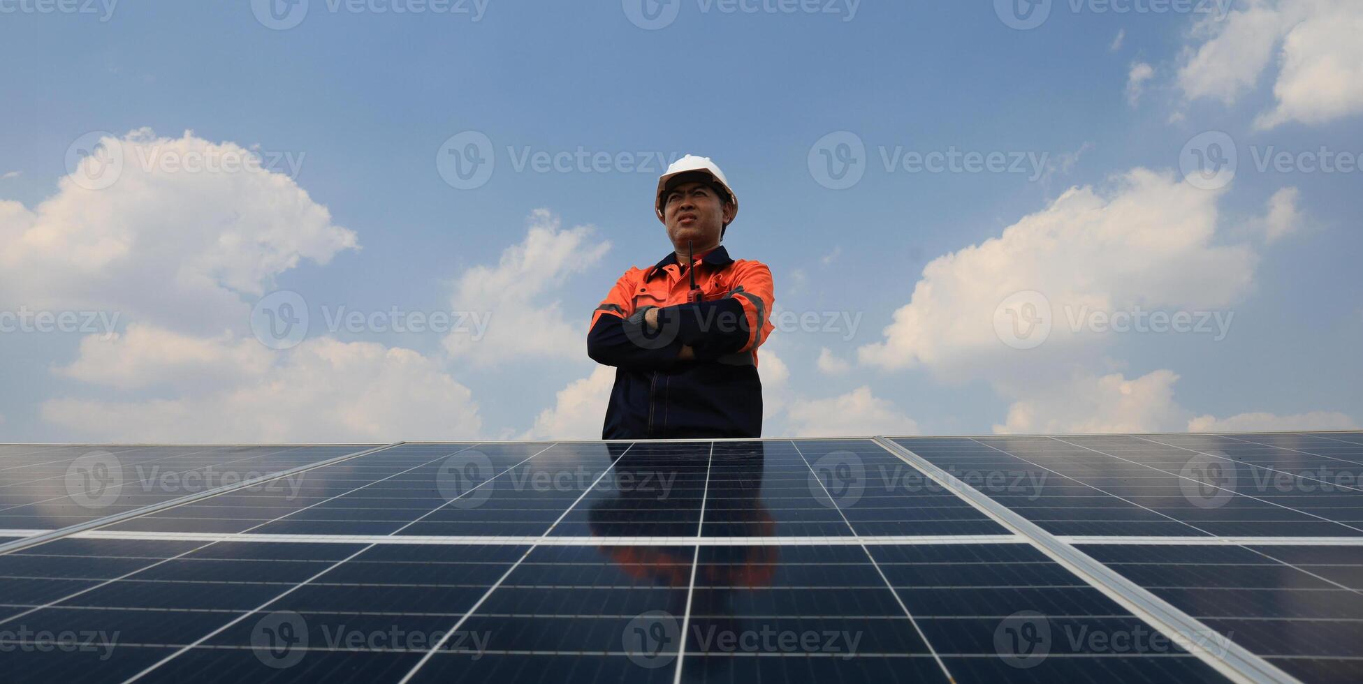 Senior engineer makes service and maintenance solar panels for SMEs and homes, Solar installation and service, ECO green energy photo