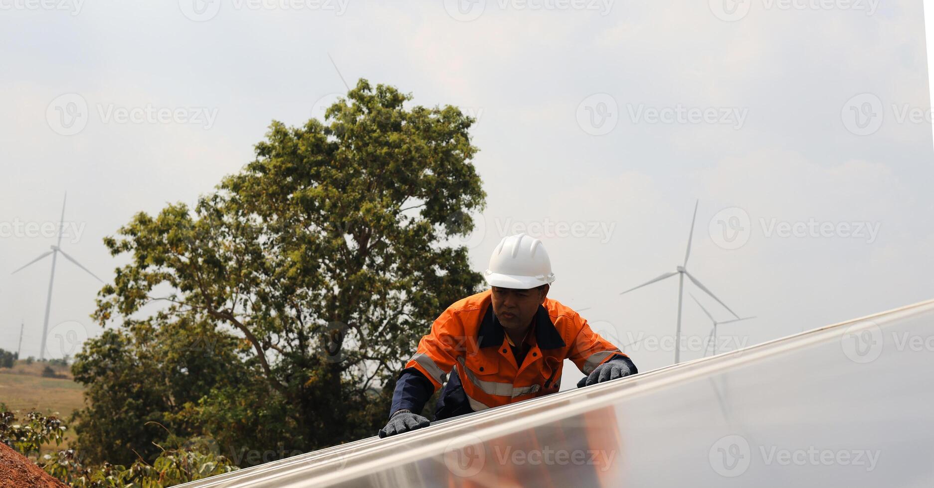 Senior engineer makes service and maintenance solar panels for SMEs and homes, Solar installation and service, ECO green energy photo
