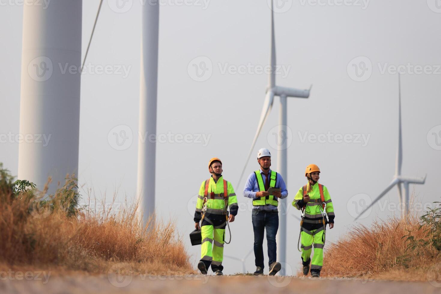 Specialist wind turbine Team of Engineers discussing Green Energy Production in Wind Turbines Farm or Windmills Field. Team of Engineer Energy Planning Activity in Windmills Industrial Area photo